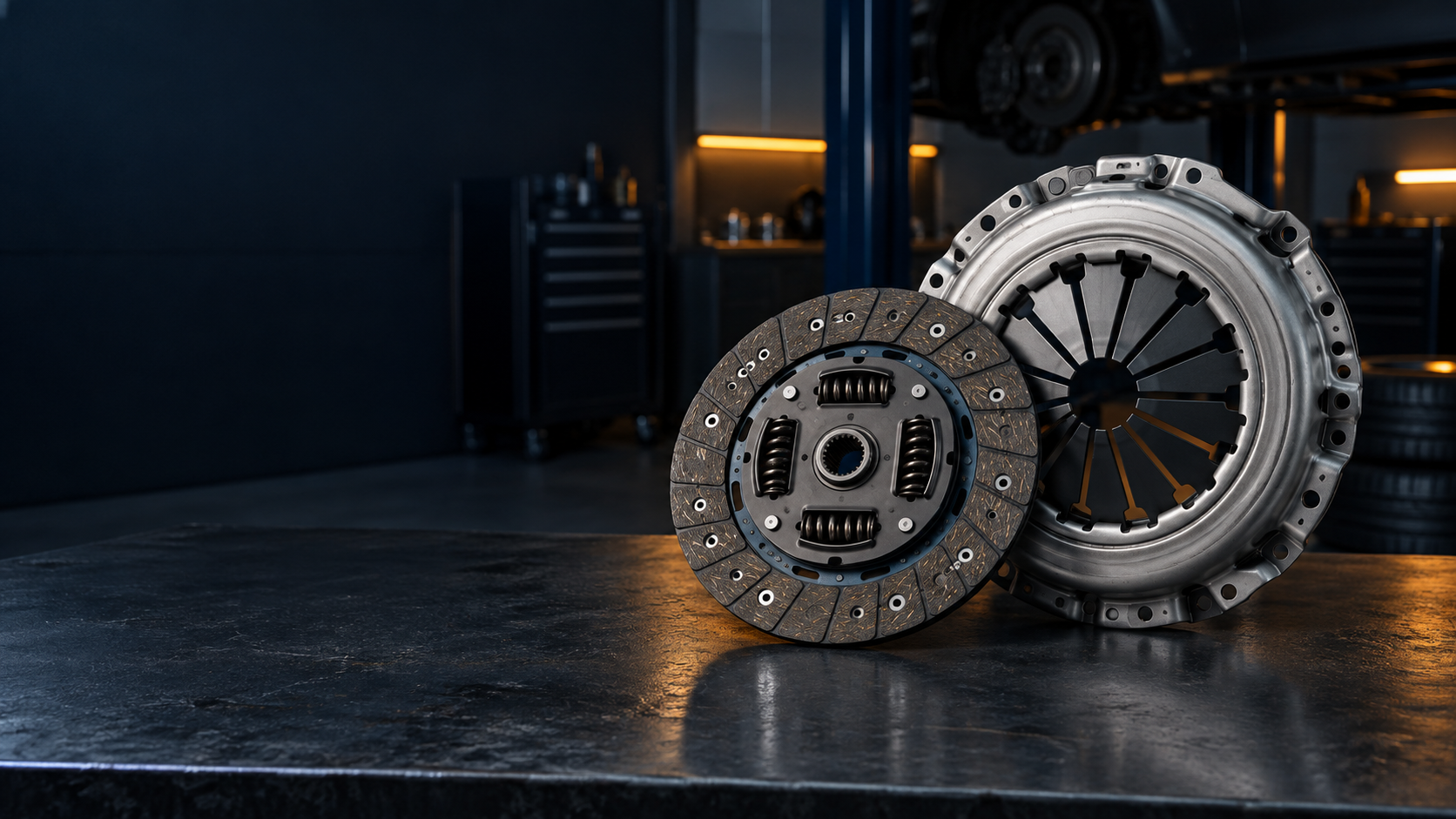 Диск сцепления, корзина и маховик трансмиссии автомобиля.