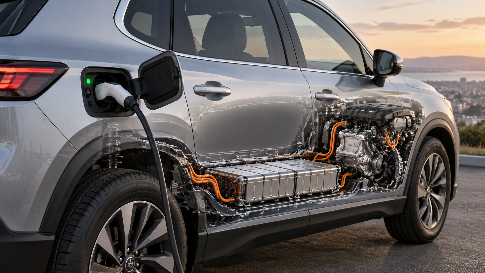 Что такое подключаемый гибрид PHEV - техническая предметная сцена для статьи TechHelp.
