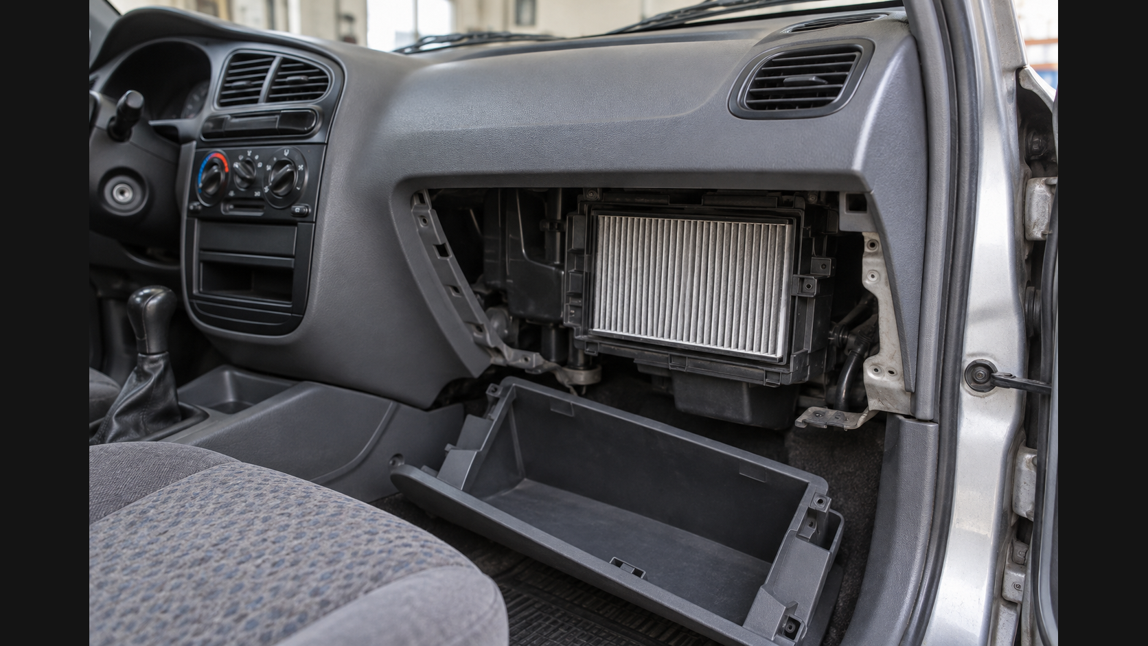 Корпус салонного фильтра под панелью автомобиля