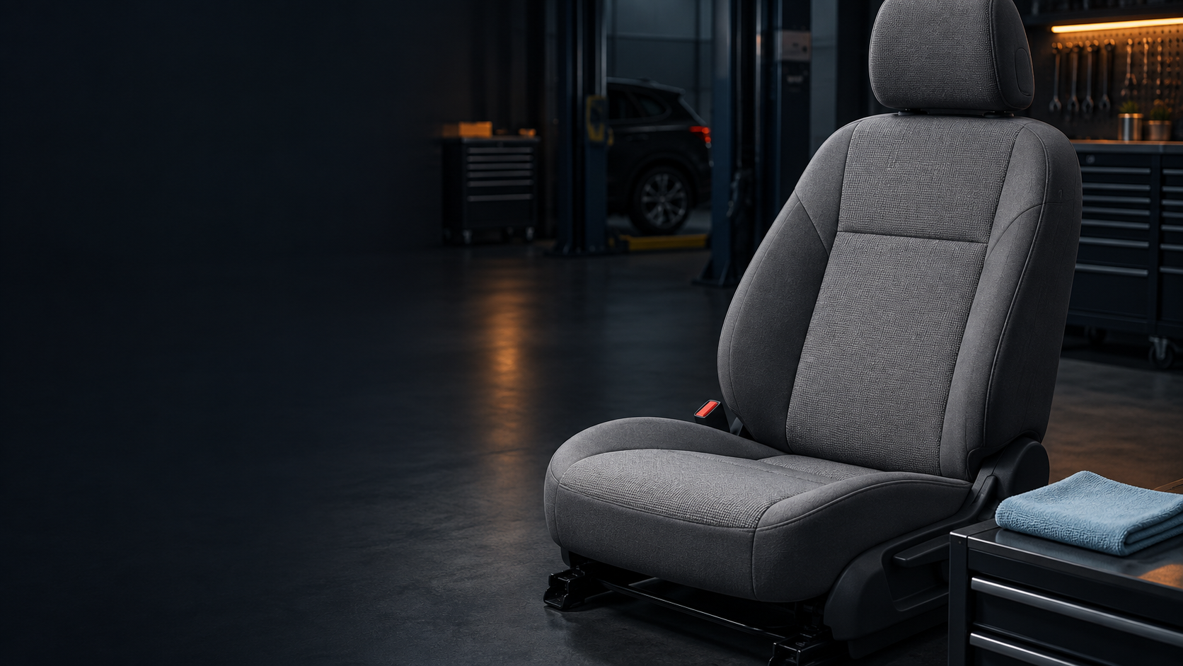 Сиденье автомобиля очищают щёткой и безопасным составом.