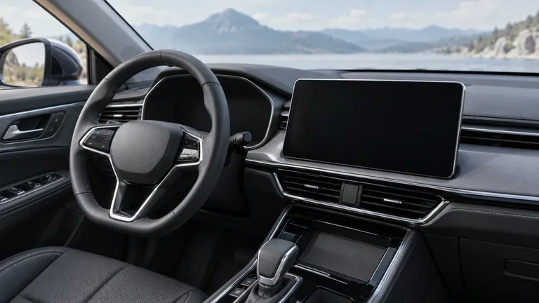 Руль, приборная панель и центральный экран автомобиля