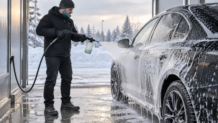 Автомобиль моют пеной на площадке среди снега